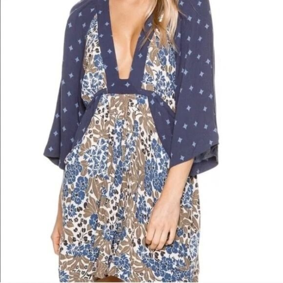 Free People Women Chiffon Boho Blue Print Mini Dress Small - Picture 1 of 7